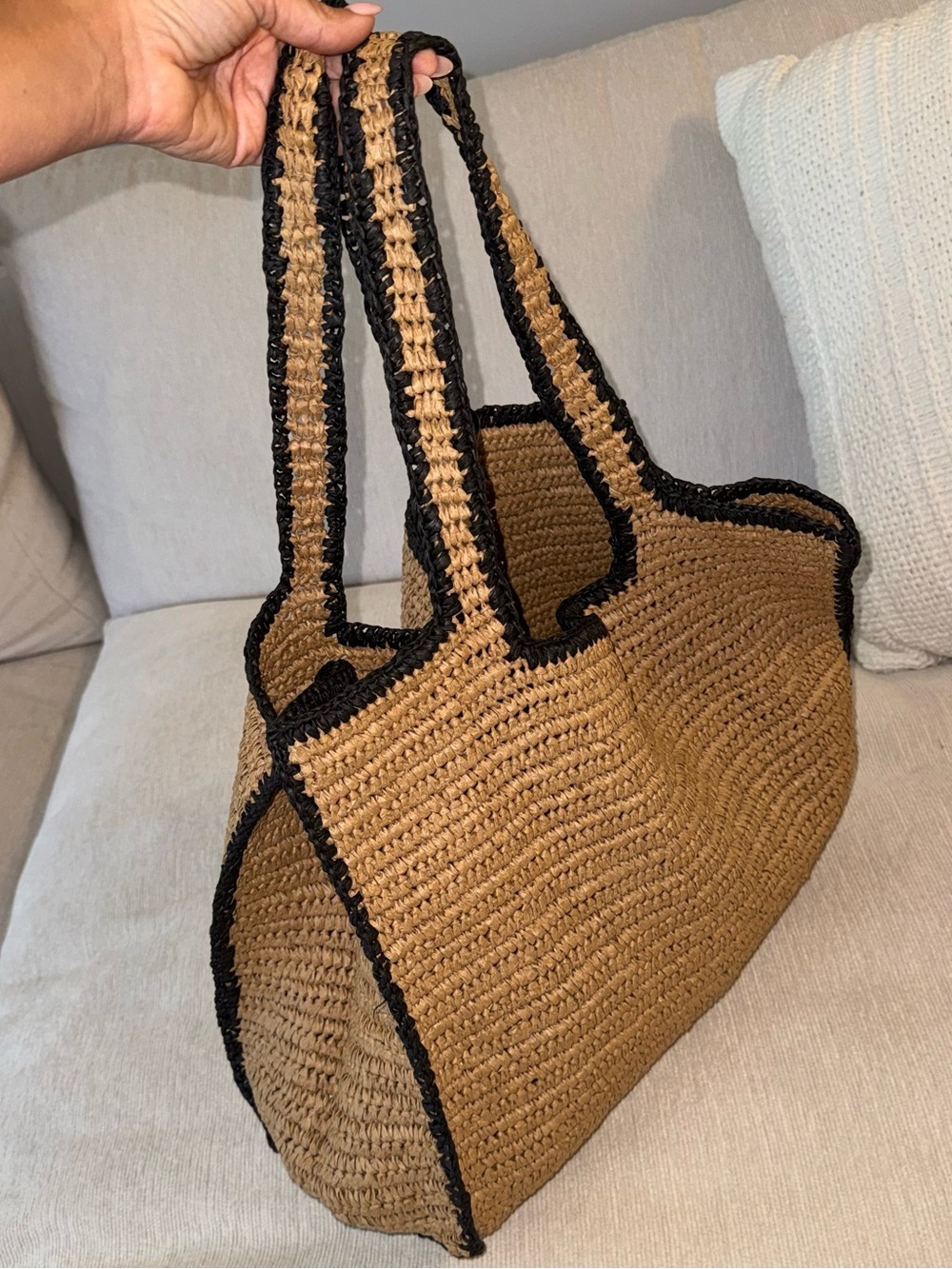 NWT Raffia Beach Bag Sack Beige Tan Neutral Natural Black Large - Picture 5 of 5